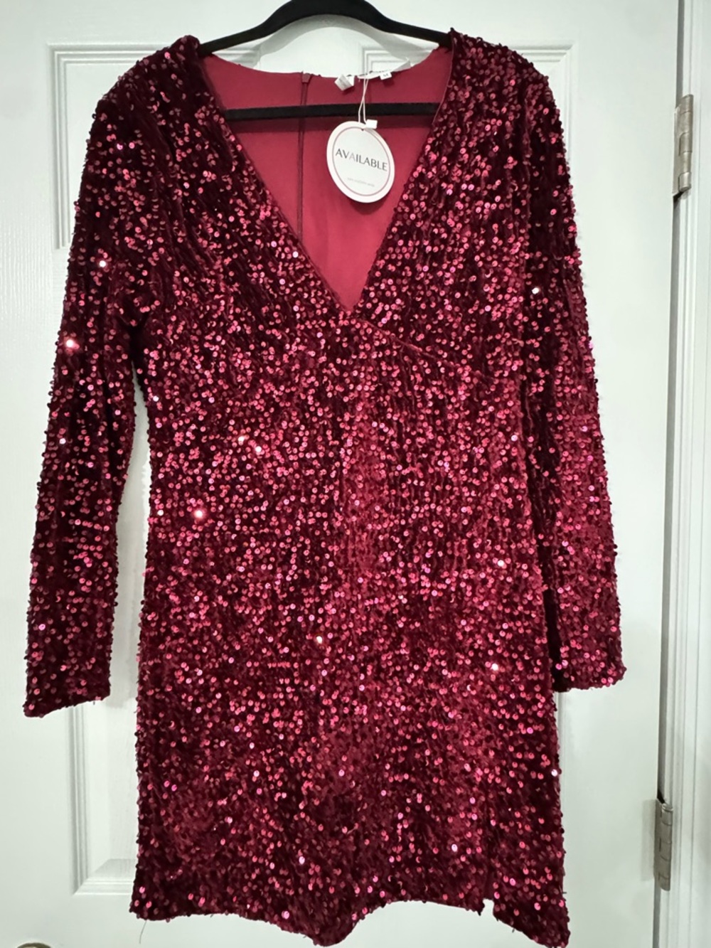 Available Women's Burgundy Sequin Long Sleeve Dress